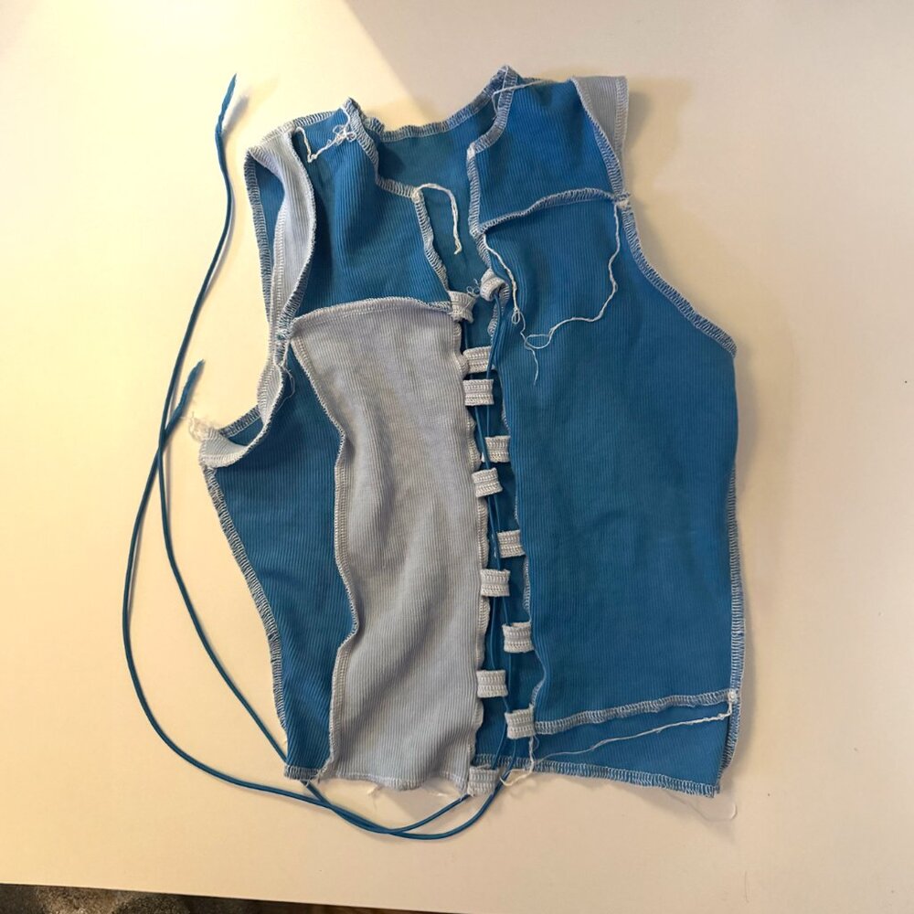 Reworked Patchwork Corset-Style Top – Blue Rib Knit
